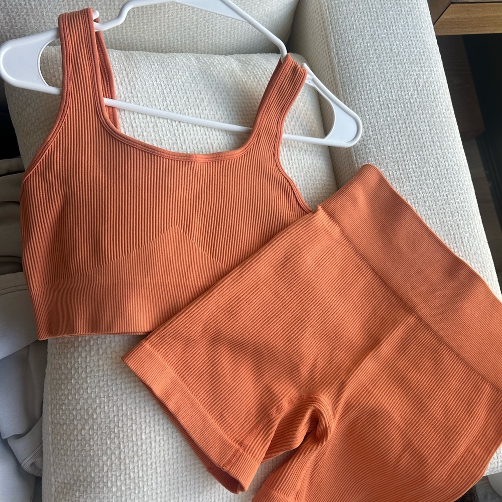 Orange Ribbed Tank and Shorts Set